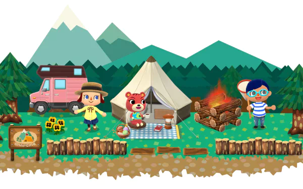 HD desktop wallpaper featuring characters and a campsite from Animal Crossing: Pocket Camp with mountains in the background.