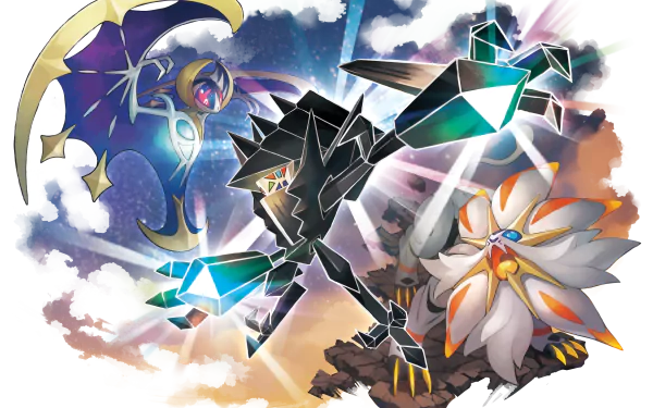 A vibrant HD wallpaper featuring iconic Pokémon from Ultra Sun and Ultra Moon, showcasing powerful Pokémon in a dynamic battle against a colorful cosmic backdrop.