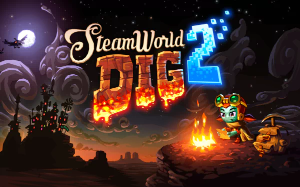 HD desktop wallpaper of SteamWorld Dig 2 featuring the character Rusty by a campfire set against a night landscape with the game's logo above.