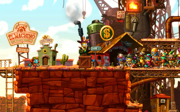 HD desktop wallpaper of SteamWorld Dig 2 featuring vibrant artwork of the game's western mining town environment and robotic characters.