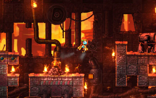 HD desktop wallpaper of SteamWorld Dig 2, featuring a robot character navigating through fiery underground ruins.