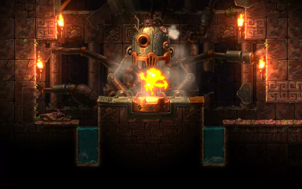 HD desktop wallpaper of a scene from SteamWorld Dig 2, featuring an intricate machine in a dimly lit underground setting.