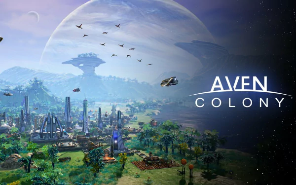 HD wallpaper of Aven Colony featuring a futuristic cityscape with a large planet in the sky and flying vehicles.