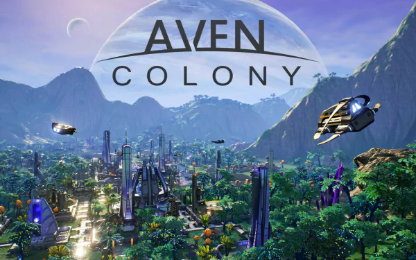 HD desktop wallpaper featuring the sci-fi cityscape and logo of Aven Colony with ships flying overhead.