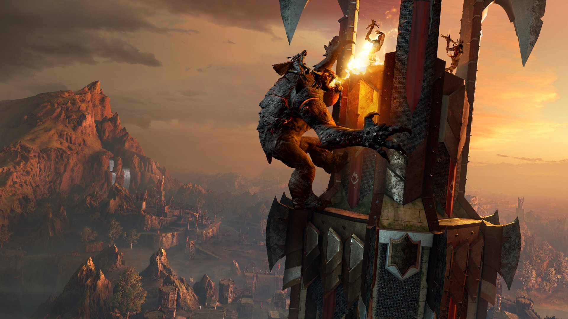 4K Ultra HD PC wallpaper from the video game Middle-earth: Shadow of War, showing a warrior climbing a spiked tower against a dramatic sunset over rugged mountains.
