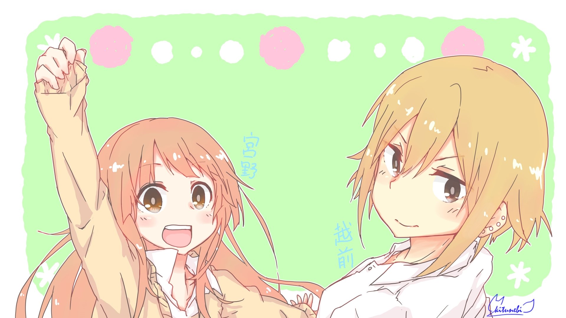 Anime-style 8K Ultra HD desktop wallpaper featuring Echizen and Miyano from Tanaka-kun is Always Listless with vibrant pastel colors and a cheerful atmosphere.