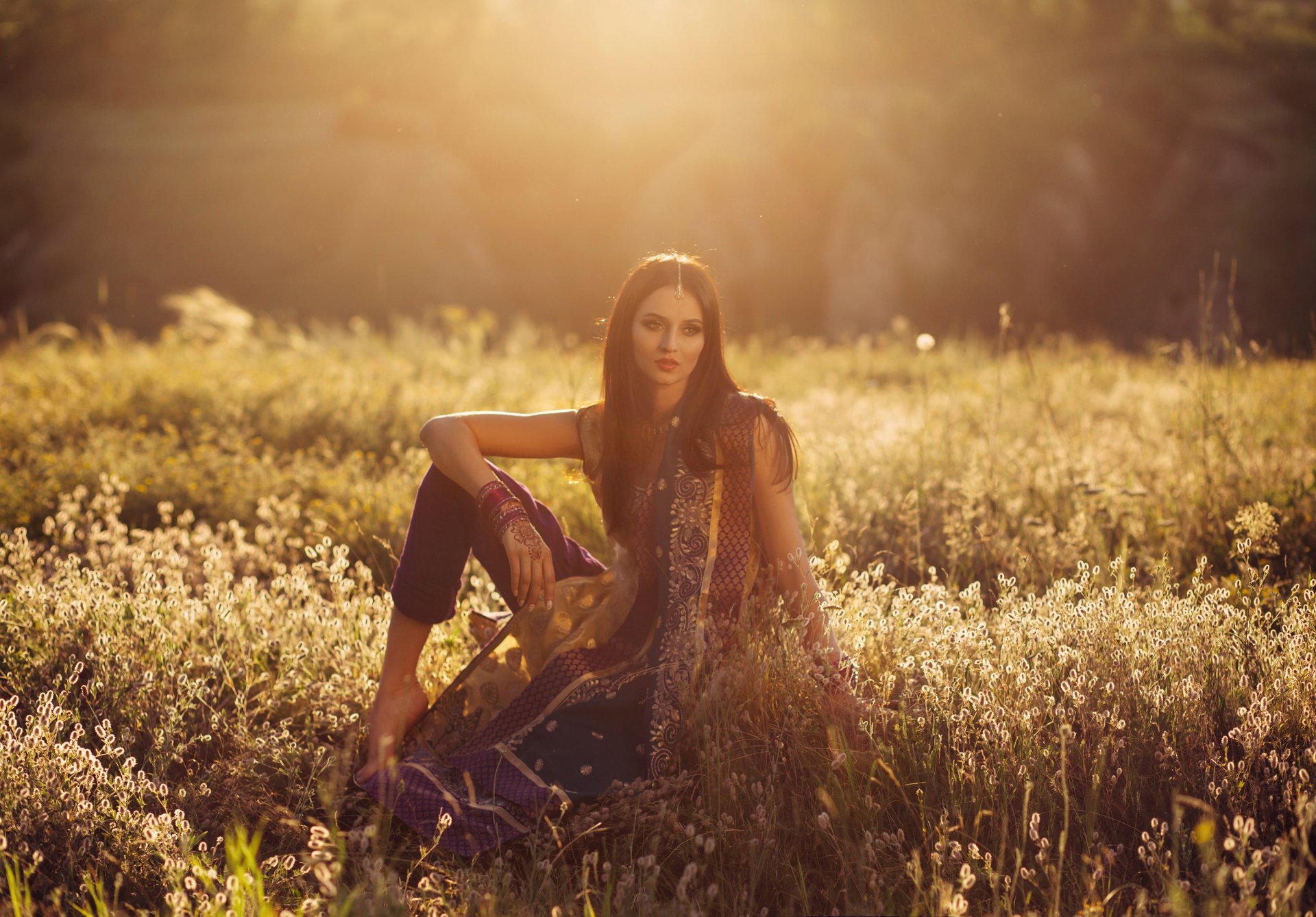 Download Saree Lipstick Depth Of Field Brunette Sunny Woman Model HD Wallpaper