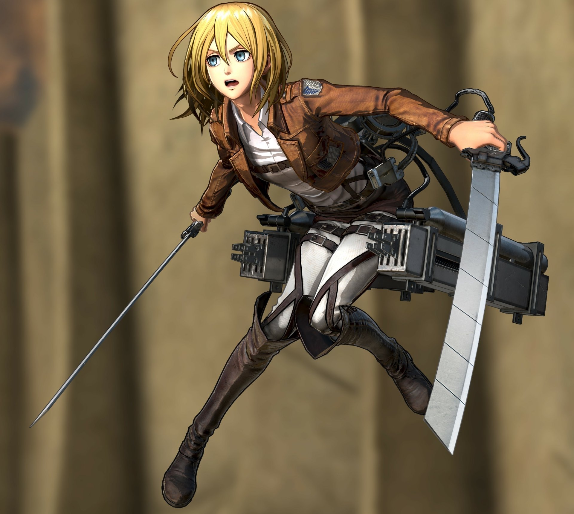 An HD desktop wallpaper showcasing Historia Reiss from Attack on Titan. She is in uniform, wielding a weapon, and features blonde hair and blue eyes.