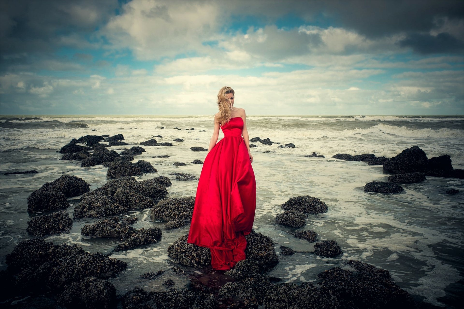 Download Blonde Red Dress Horizon Sea Ocean Woman Mood HD Wallpaper by ...