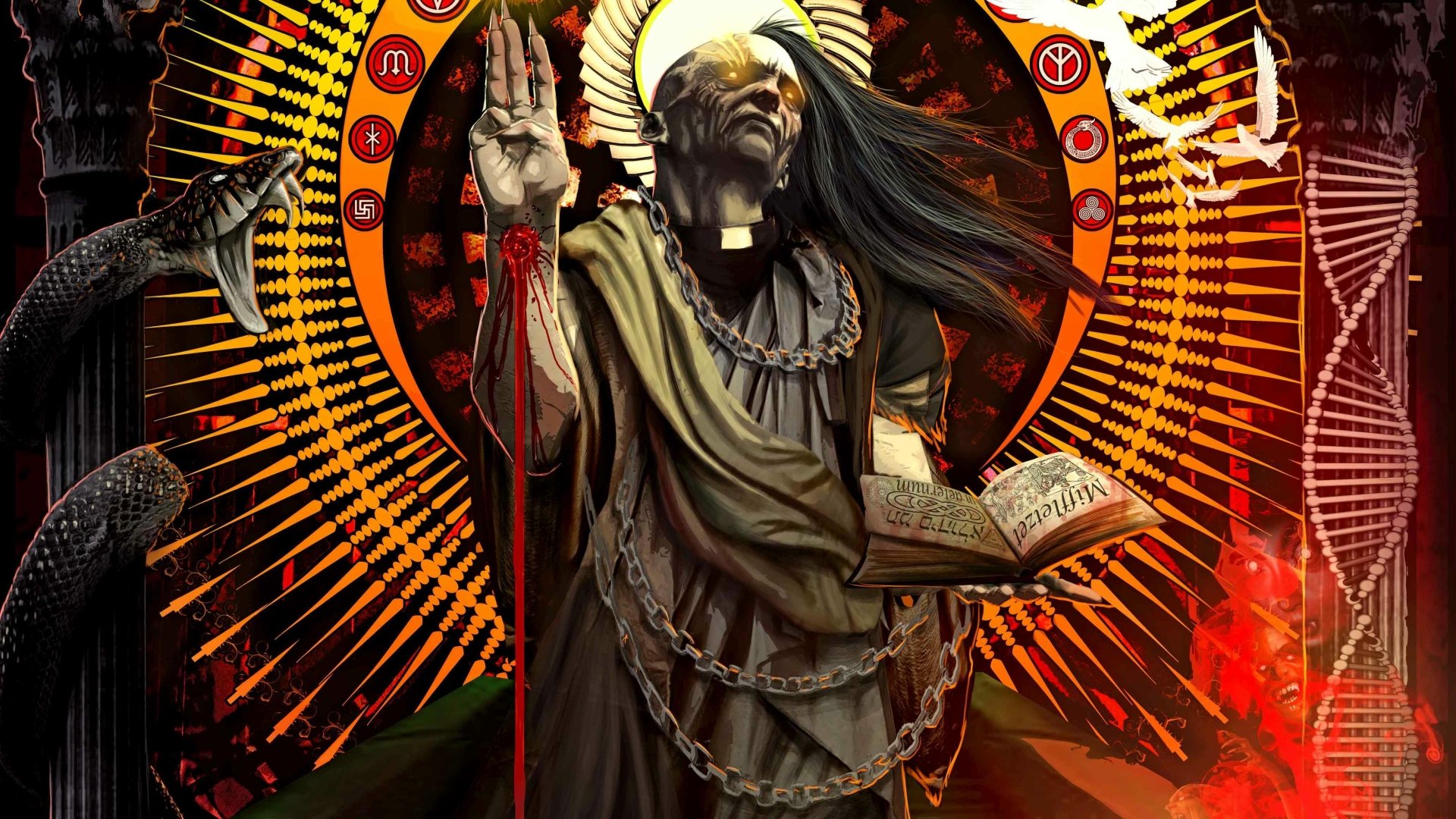 Comic-style 4K Ultra HD PC desktop wallpaper: chained robed priest with radiant halo, open book and raised hand amid snakes and fiery motifs — Escape from Jesus Island.
