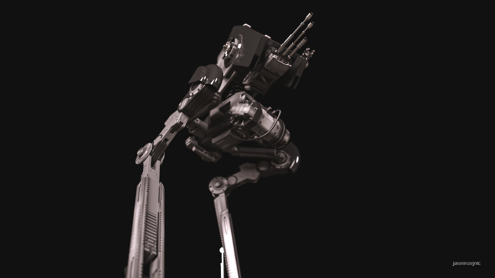 3D CGI Sci‑Fi AT‑ST–style bipedal robot walker from Star Wars on long legs against a black background — 4K Ultra HD PC desktop wallpaper