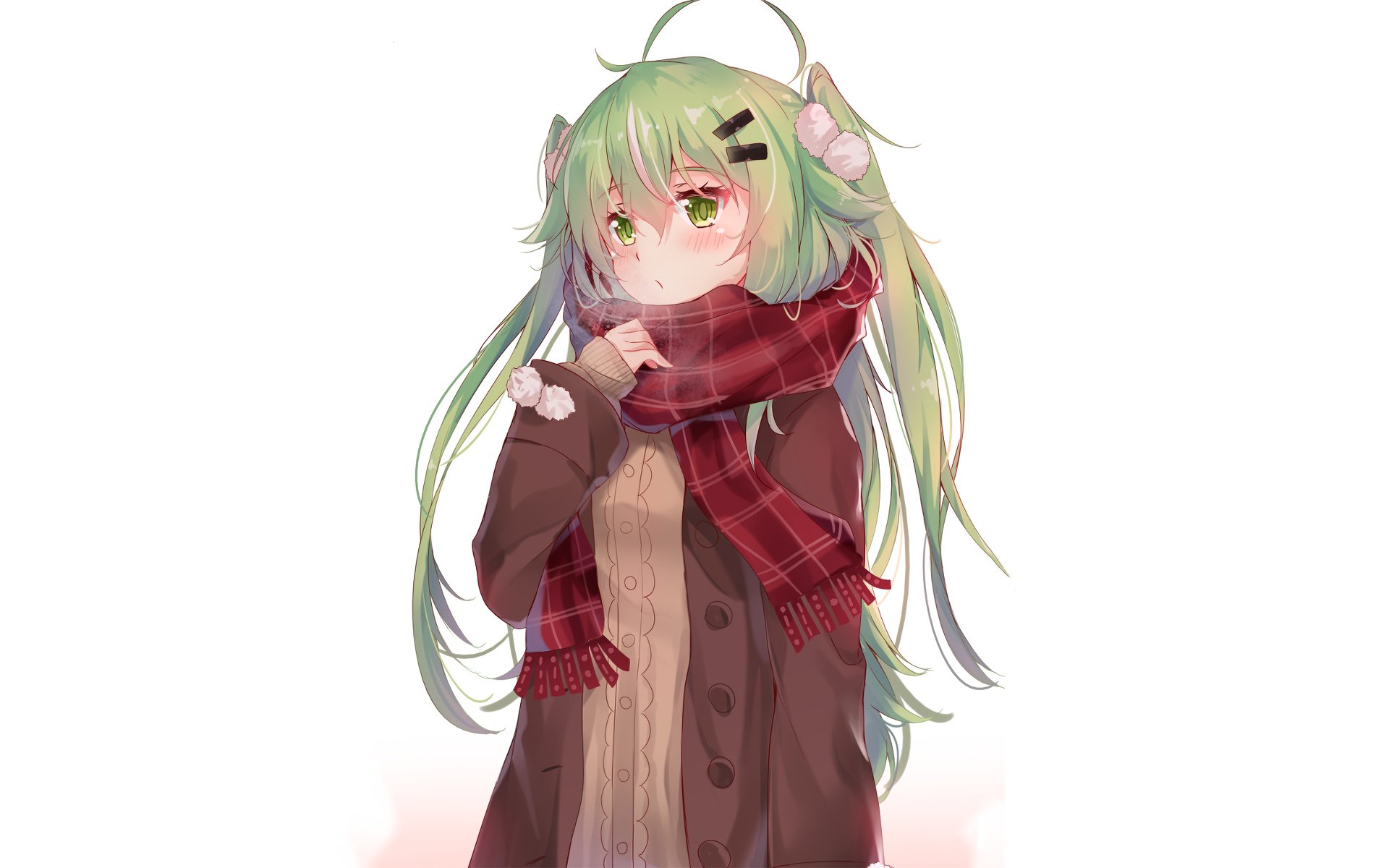 Anime-style original character with long green hair and a red scarf, illustrated in high definition as a PC desktop wallpaper and background.