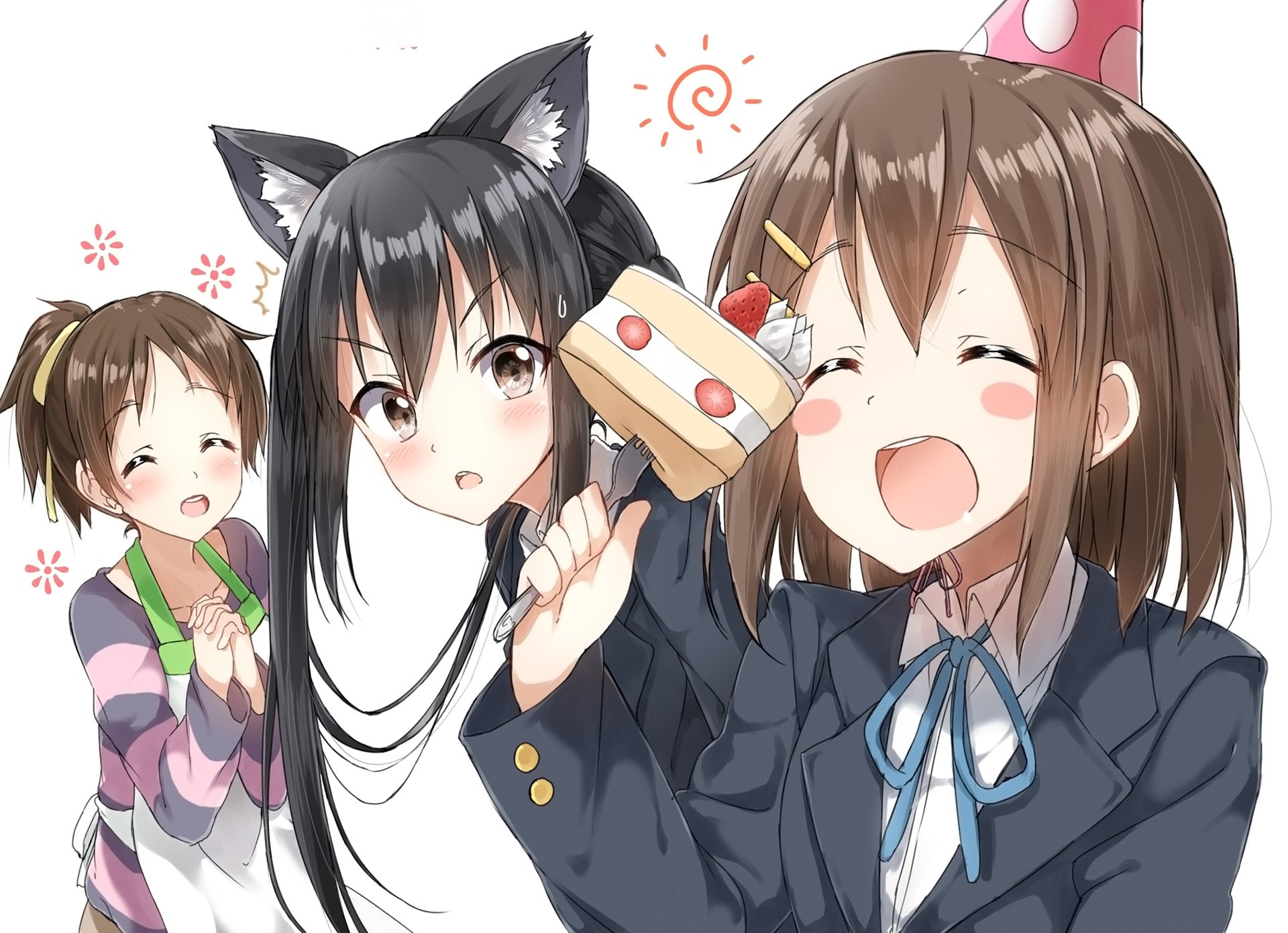 HD desktop wallpaper of Azusa Nakano with cat ears and sisters Ui and Yui Hirasawa from the anime K-ON!, Yui happily eating cake while Azusa and Ui smile.