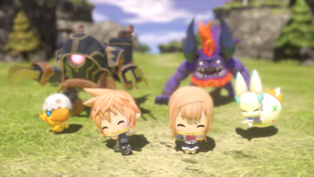 A vibrant HD desktop wallpaper from World of Final Fantasy features cute chibi characters, including a smiling pair and playful creatures, set against a lush outdoor backdrop.