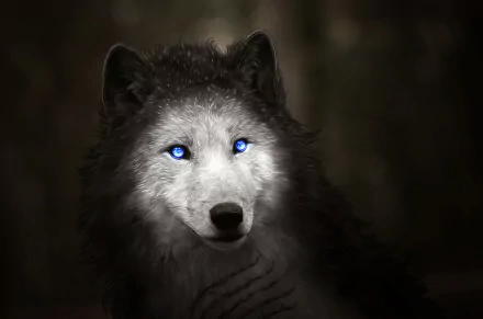 HD desktop wallpaper featuring a fantasy wolf with striking blue eyes against a dark background.