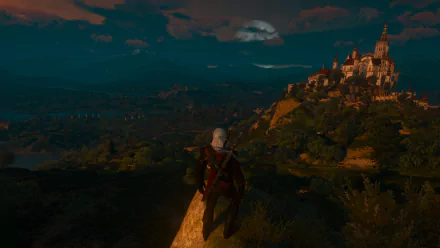 HD PC wallpaper featuring Geralt of Rivia from The Witcher 3: Wild Hunt standing on a cliff under a moonlit sky with a distant castle.