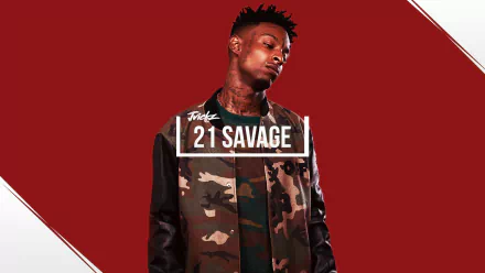 HD desktop wallpaper featuring a stylized image of the artist known as 21 Savage against a red background.