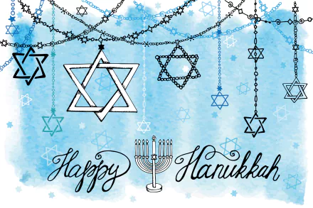 HD desktop wallpaper celebrating Hanukkah, featuring a festive background with candles, Star of David decorations, and Happy Hanukkah in elegant script.