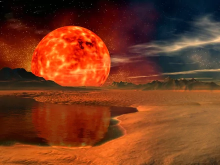A stunning CGI landscape featuring a vibrant orange planet rising over a tranquil lake, surrounded by desert terrain and dramatic skies, creating a captivating sci-fi atmosphere.