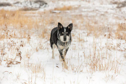A black and white dog walks through snow-covered grass in an 8K Ultra HD PC desktop wallpaper showcasing a natural winter scene.