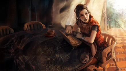 HD PC desktop wallpaper depicting a dark, moody scene of a woman seated at a table with warm light streaming in, creating a contemplative atmosphere.