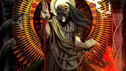 Comic-style 4K Ultra HD PC desktop wallpaper: chained robed priest with radiant halo, open book and raised hand amid snakes and fiery motifs — Escape from Jesus Island.