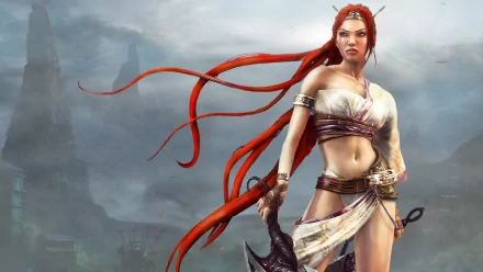 A striking fantasy image of a redheaded woman warrior from the video game Heavenly Sword, standing confidently against a dramatic background, showcasing her strength and fierce character.