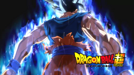 HD desktop wallpaper of Goku from Dragon Ball Super, featuring him in a powerful stance with an intense aura radiating blue light. The Dragon Ball Super logo is prominently displayed in the corner.
