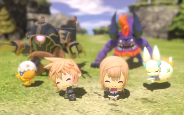 A vibrant HD desktop wallpaper from World of Final Fantasy features cute chibi characters, including a smiling pair and playful creatures, set against a lush outdoor backdrop.