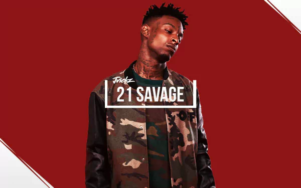 HD desktop wallpaper featuring a stylized image of the artist known as 21 Savage against a red background.