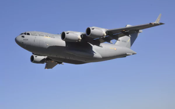 Boeing C-17 Globemaster III military transport aircraft flies against a clear blue sky in this 4K Ultra HD desktop wallpaper.