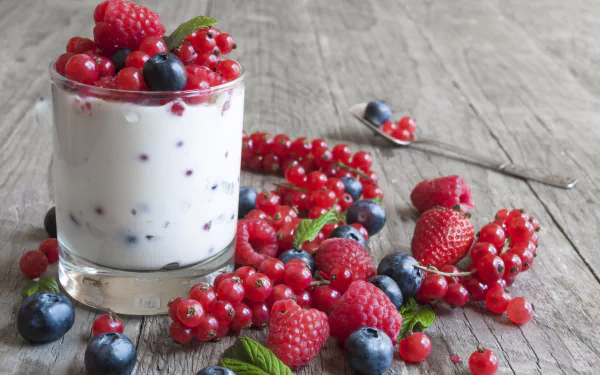 4K Ultra HD PC desktop wallpaper background still life: glass of yogurt topped with raspberries, blueberries and red currants, scattered fruit and mint on a rustic wooden surface.