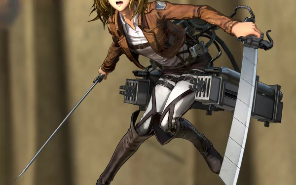 An HD desktop wallpaper showcasing Historia Reiss from Attack on Titan. She is in uniform, wielding a weapon, and features blonde hair and blue eyes.