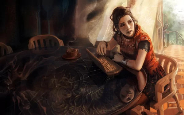 HD PC desktop wallpaper depicting a dark, moody scene of a woman seated at a table with warm light streaming in, creating a contemplative atmosphere.