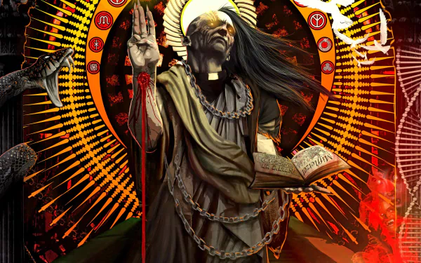 Comic-style 4K Ultra HD PC desktop wallpaper: chained robed priest with radiant halo, open book and raised hand amid snakes and fiery motifs — Escape from Jesus Island.