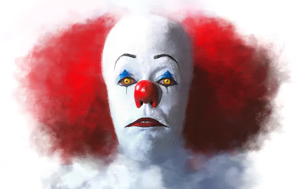 HD painting of Pennywise the clown from the 1990 movie It, featuring his white face, red nose, and wild red hair as a vivid desktop wallpaper background.
