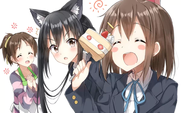 HD desktop wallpaper of Azusa Nakano with cat ears and sisters Ui and Yui Hirasawa from the anime K-ON!, Yui happily eating cake while Azusa and Ui smile.