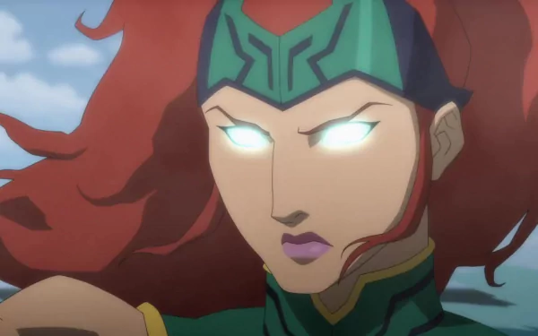 HD PC desktop wallpaper: Mera (DC Comics) from the movie Justice League: Throne of Atlantis — close-up of armored, red-haired Mera with glowing eyes and an ocean sky backdrop.