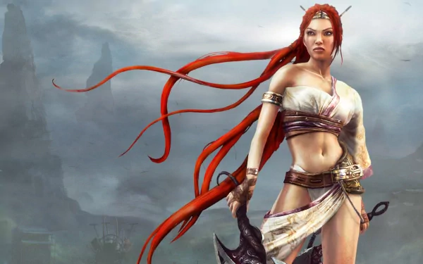 A striking fantasy image of a redheaded woman warrior from the video game Heavenly Sword, standing confidently against a dramatic background, showcasing her strength and fierce character.