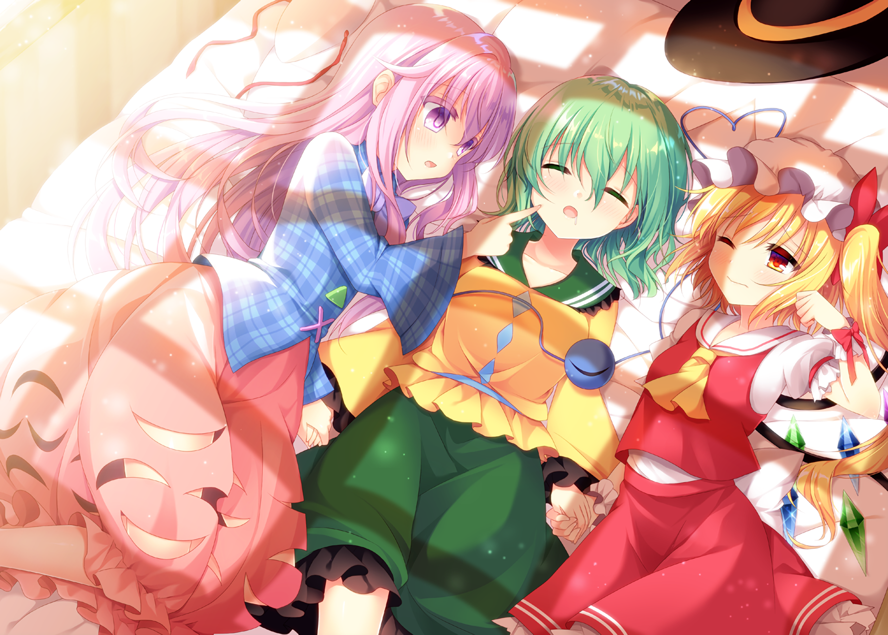 HD PC desktop wallpaper featuring anime characters Koishi Komeiji, Hata no Kokoro, and Flandre Scarlet from Touhou, depicted in vibrant colors and detailed art style.