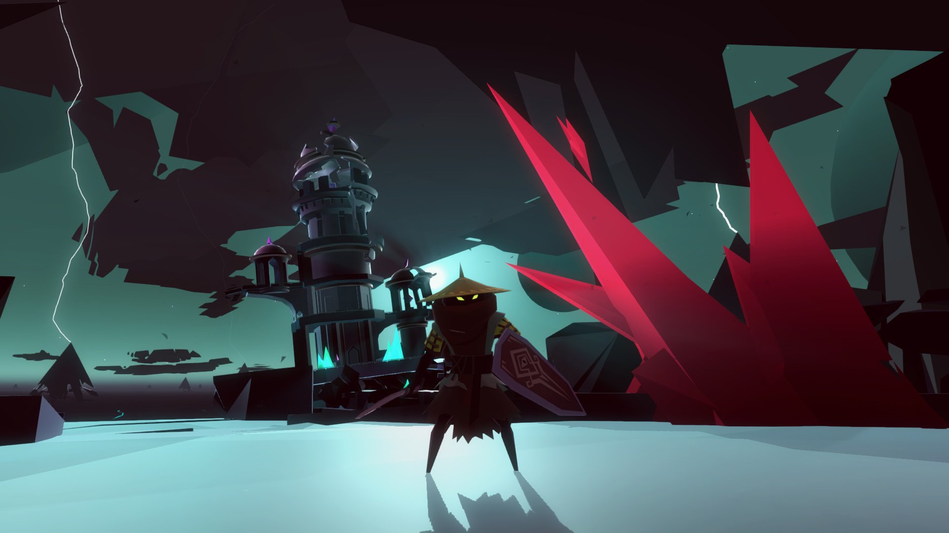 HD desktop wallpaper featuring a stylized necropolis with a shadowy figure and crystalline structures under a moody sky.