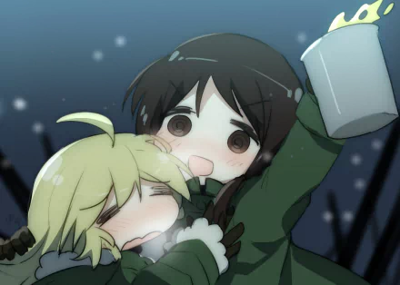 Anime wallpaper featuring Yuuri and Chito from Girls' Last Tour in a snowy setting.