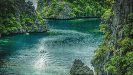 A boat glides through the clear blue ocean surrounded by lush green cliffs in a serene sea landscape in the Philippines, captured in an HD desktop wallpaper.