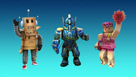 HD Roblox wallpaper featuring three characters: a cardboard robot, a knight in blue armor, and a character in a pink dress with a flower crown.