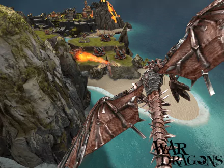 HD War Dragons desktop wallpaper featuring a dragon soaring over a coastal battlefield with fiery attacks.