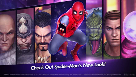 A dynamic HD wallpaper featuring Spider-Man in a new look, alongside characters like Rhino, from the Marvel: Future Fight video game.