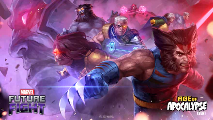 HD wallpaper for Marvel: Future Fight featuring Wolverine and Scarlet Witch in an action-packed Age of Apocalypse event.
