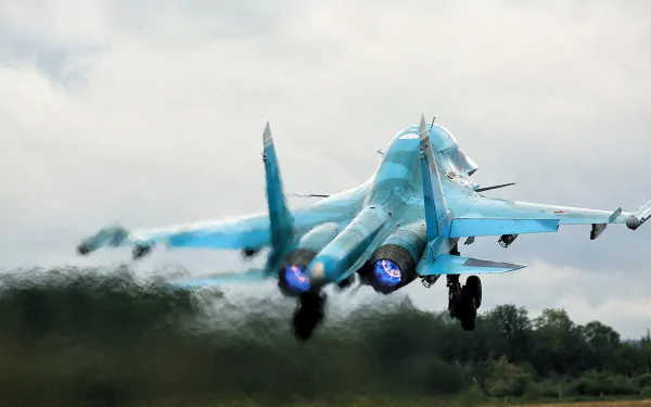 HD desktop wallpaper of a Sukhoi Su-34 jet fighter warplane taking off, showcasing its sleek military aircraft design against a cloudy sky background.