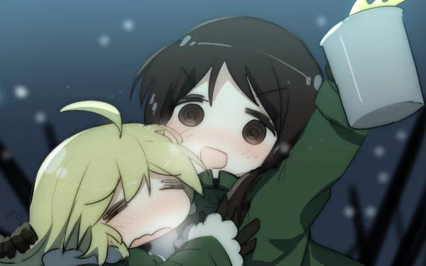 Anime wallpaper featuring Yuuri and Chito from Girls' Last Tour in a snowy setting.