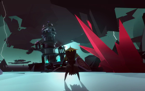 HD desktop wallpaper featuring a stylized necropolis with a shadowy figure and crystalline structures under a moody sky.